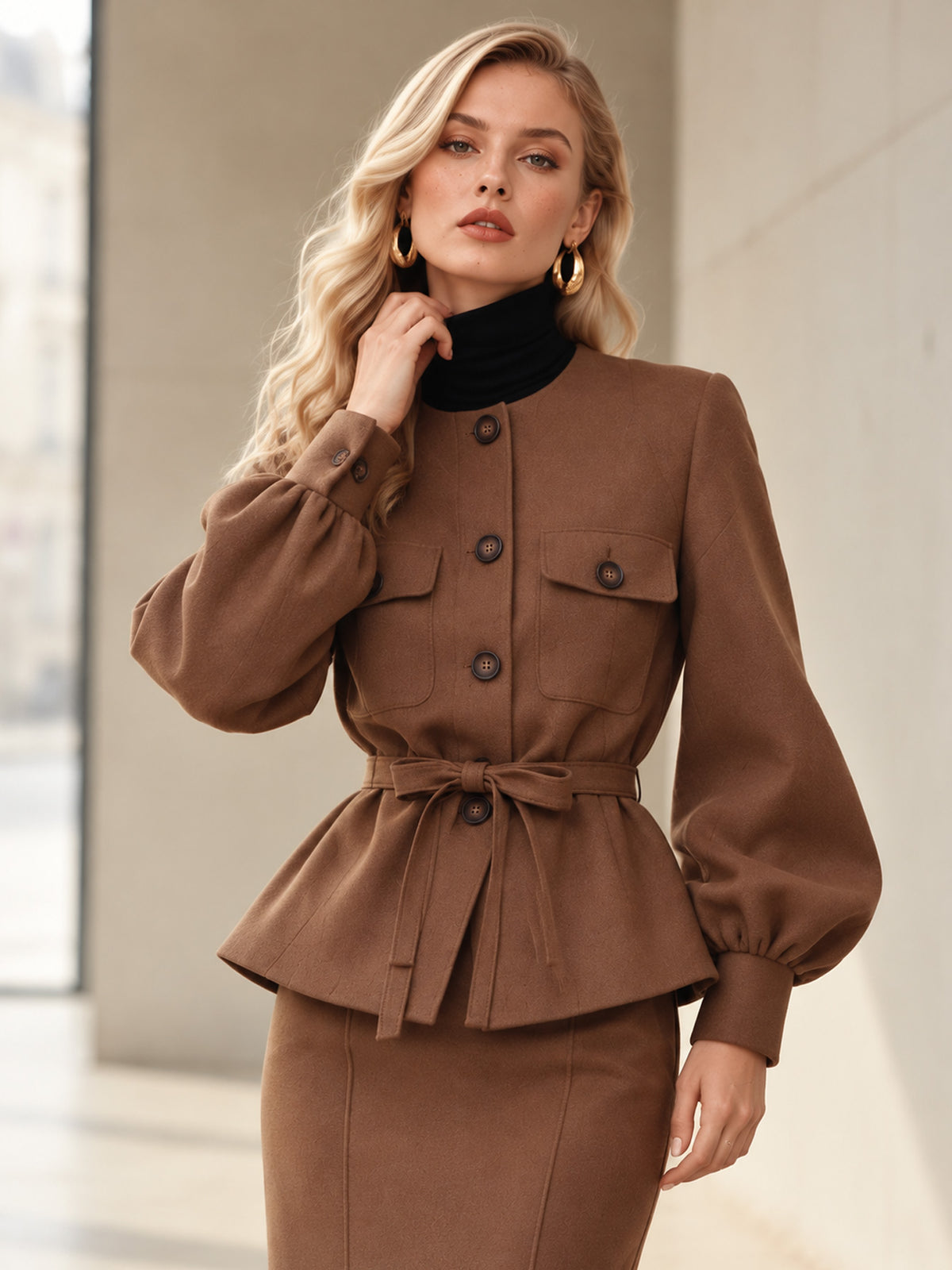 Brown Round Neck Puff Sleeve Belted Peplum Jacket & Midi Skirt 2-Piece Suit