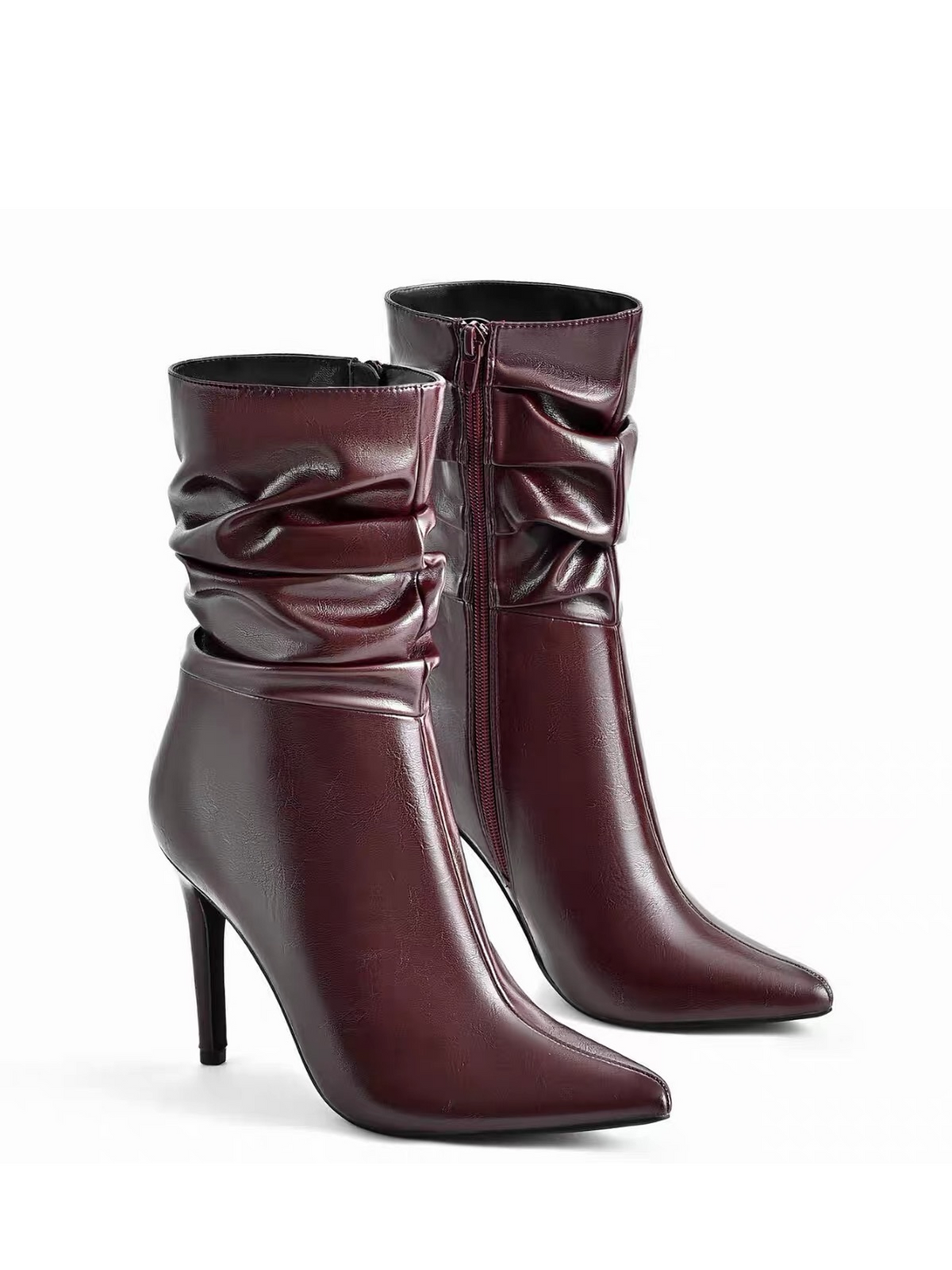 Ruched Pointed Toe Stiletto Mid Calf Ankle Boots