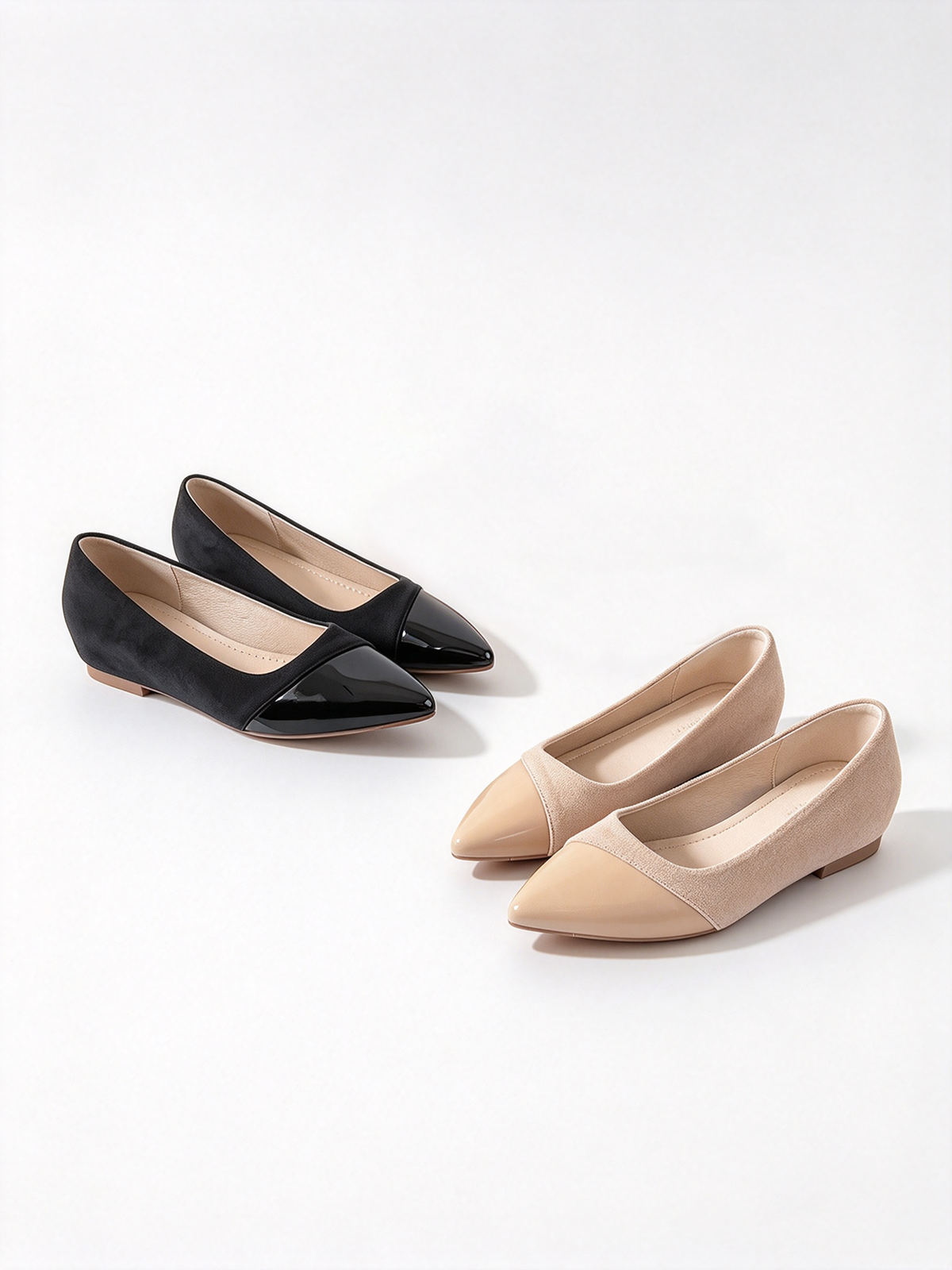 Nude Spliced Faux Suede Patent Pointed Toe Flats