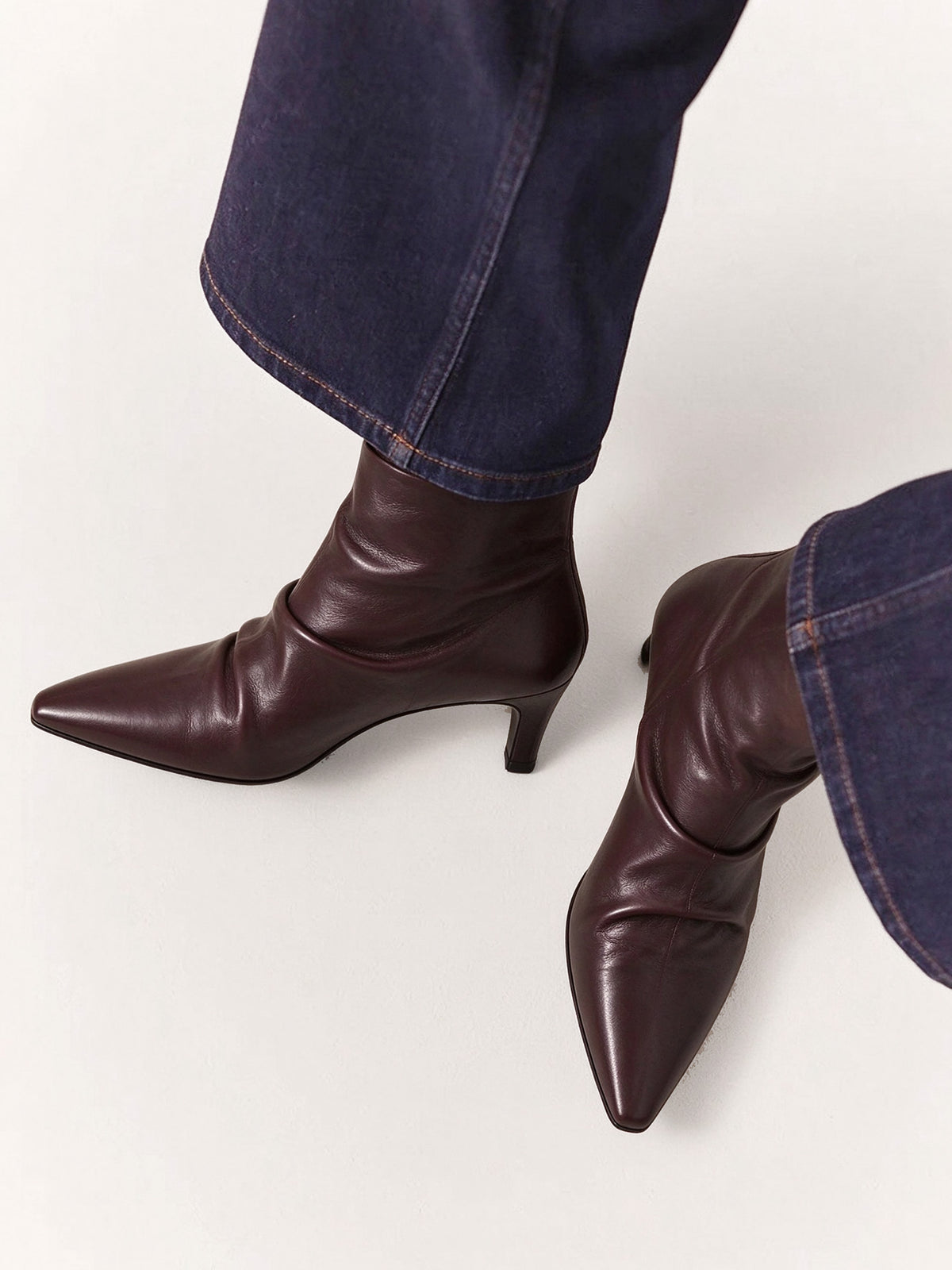 Dark Brown Ruched Pointed Toe Kitten Heel Ankle Boots