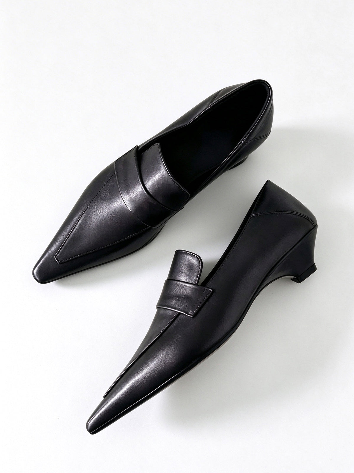 Black Pointed Toe Penny Loafer Low Wedge Heel Pumps
