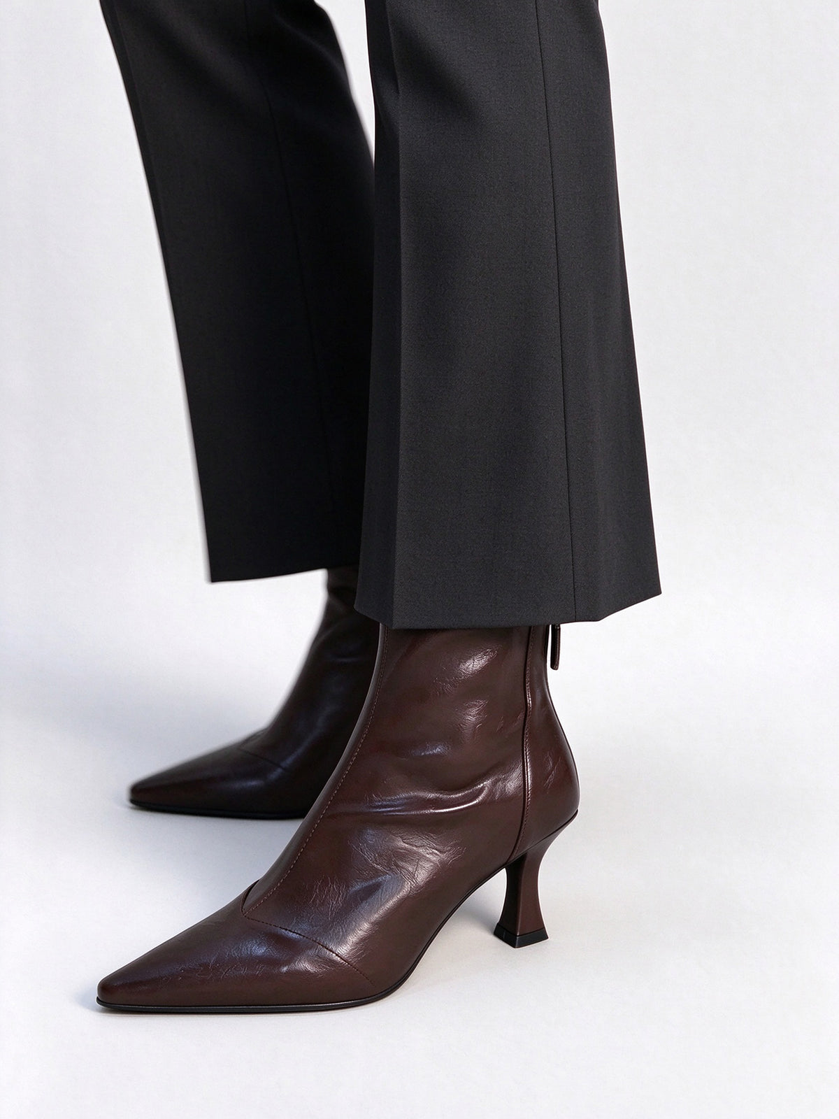 Brown Pointed Toe Flared Heel Zipper Ankle Boots