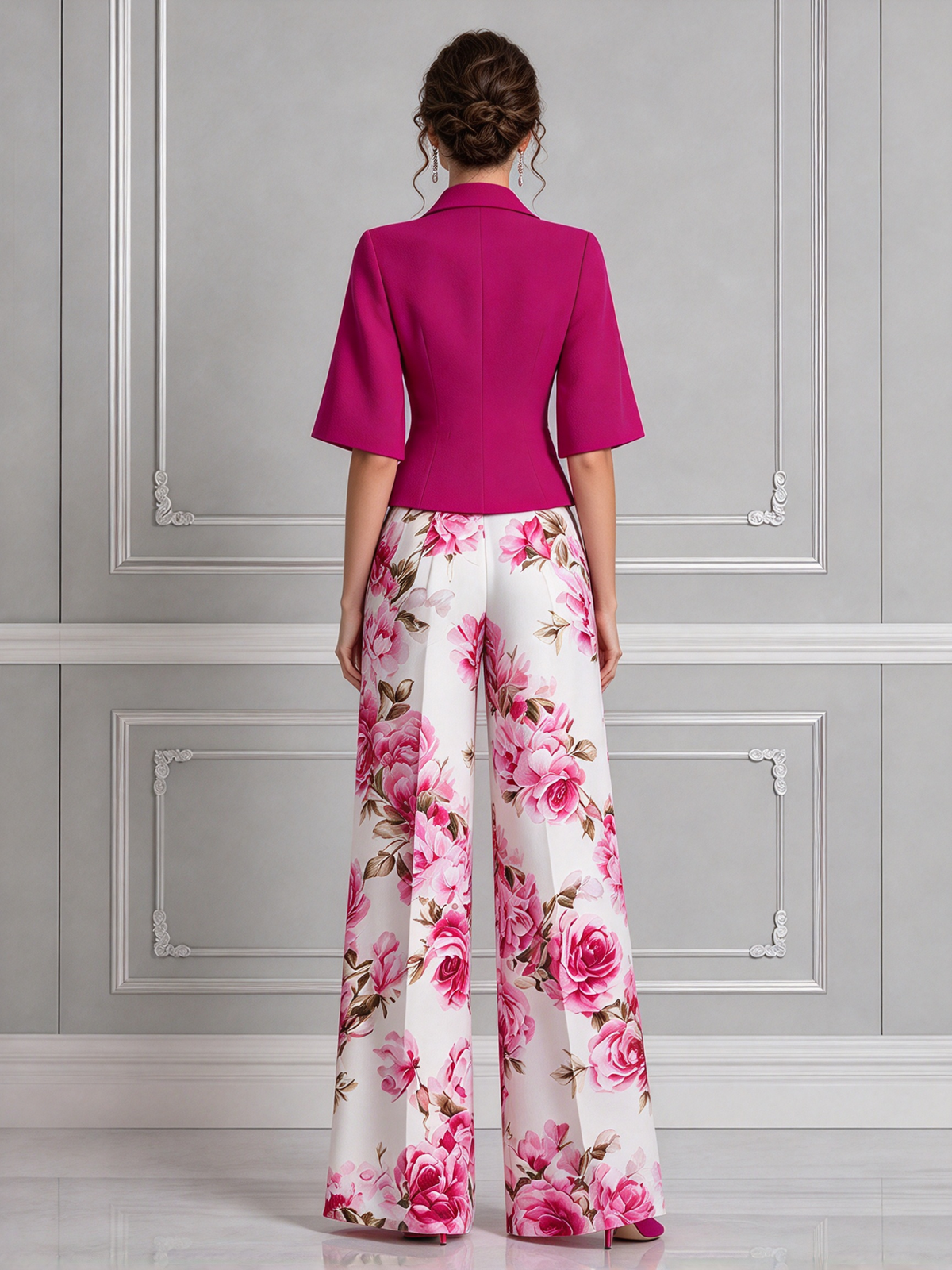 Fuchsia Notch Lapel Blazer & Floral Print Wide Leg Pants 2-Piece Suit