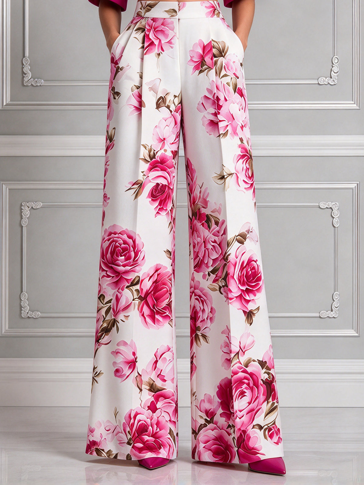 Fuchsia Notch Lapel Blazer & Floral Print Wide Leg Pants 2-Piece Suit