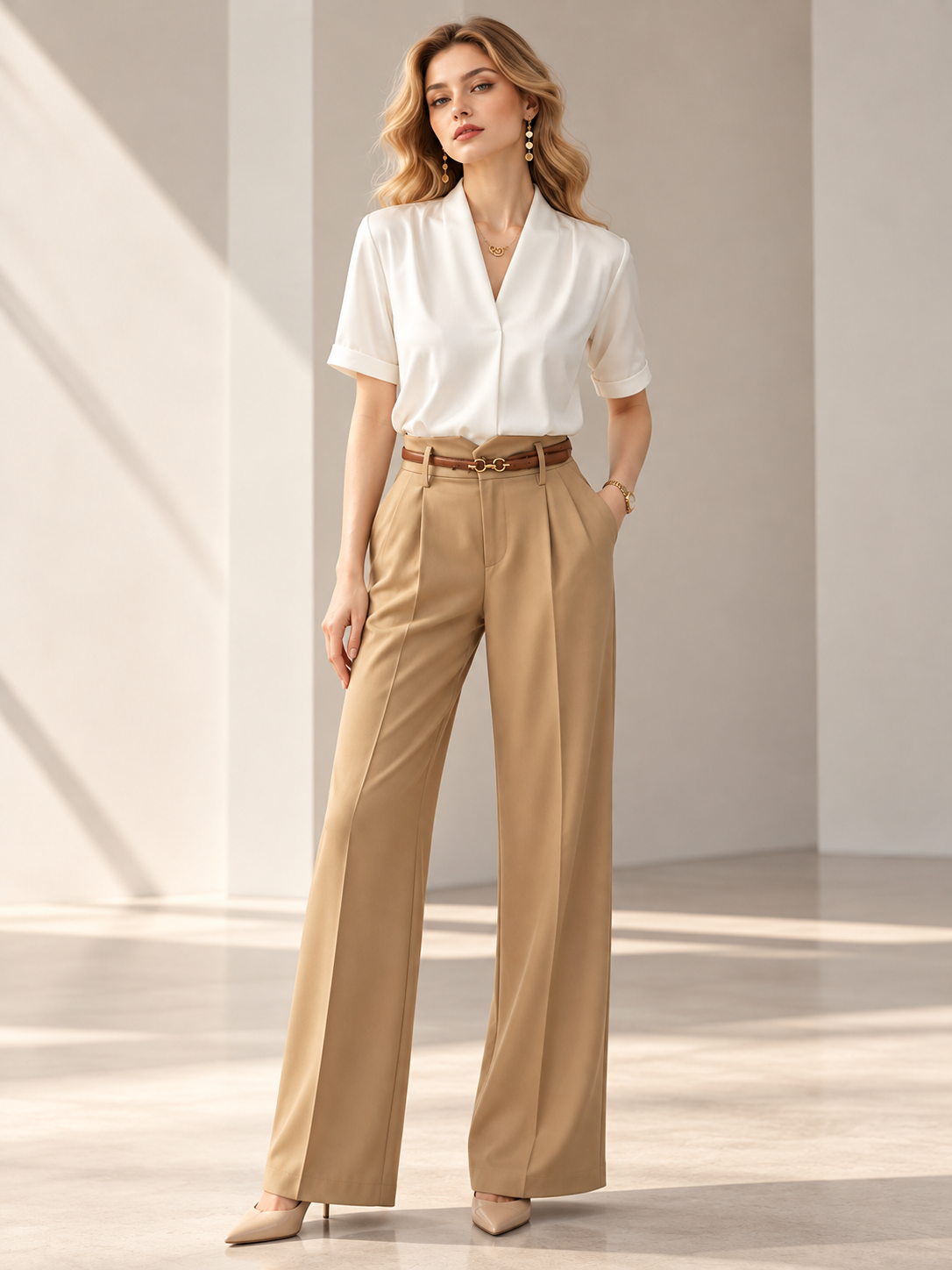White V-Neck Satin Short Sleeved Shirt