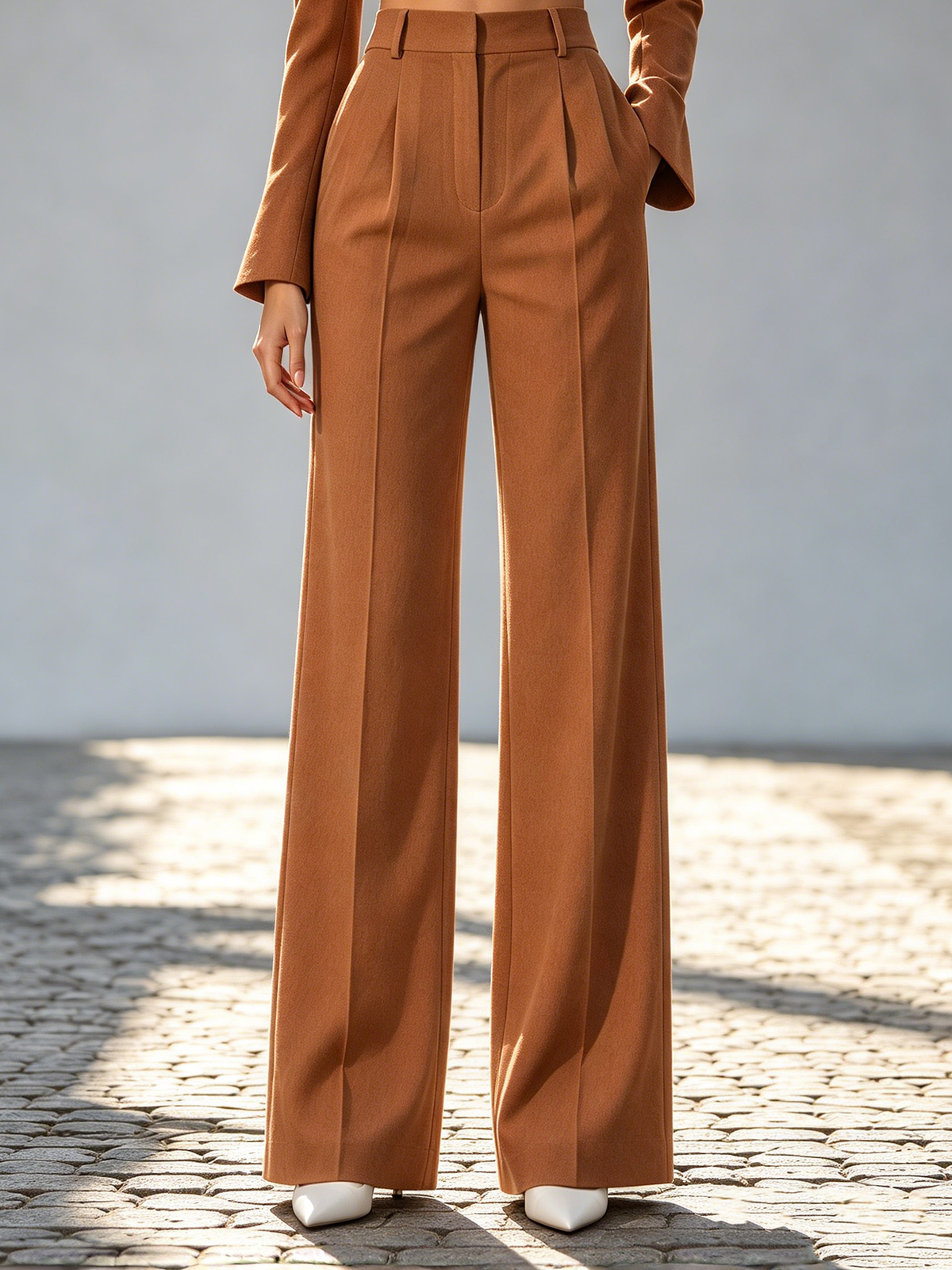 Caramel Contrast Lapel Blazer & Wide Leg Pants 2 Piece Suit