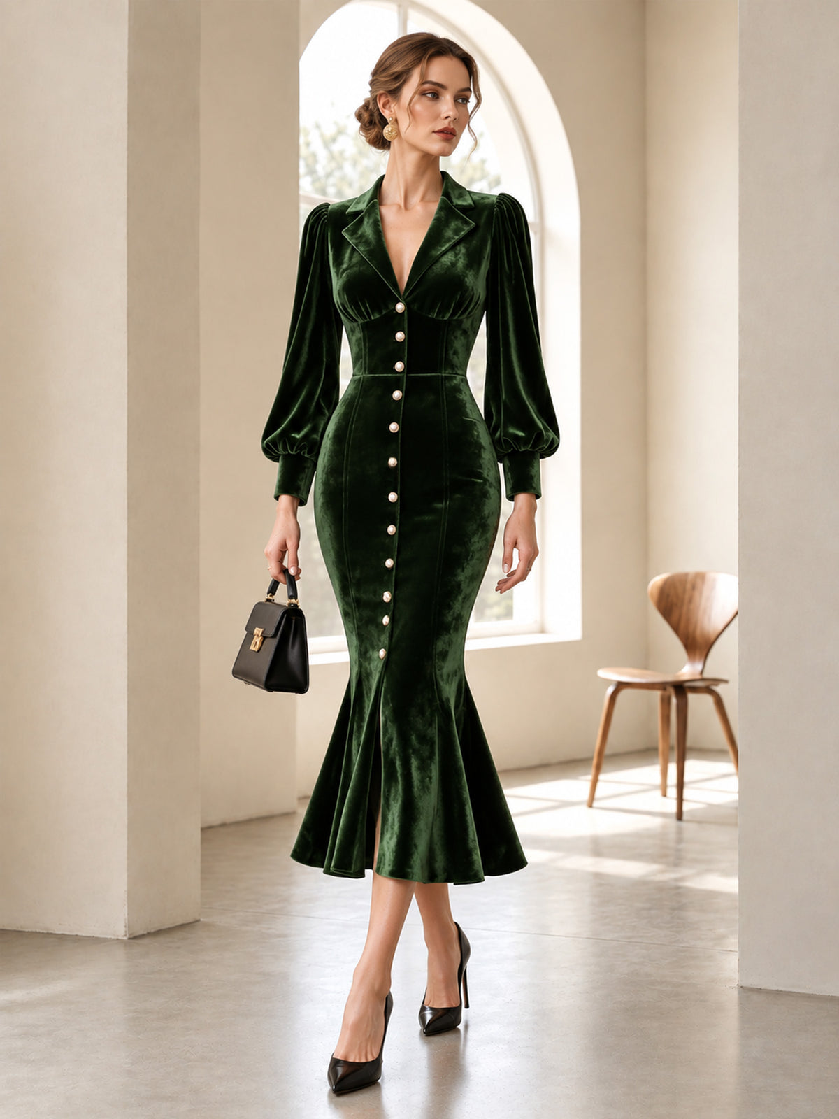 Emerald Green Velvet V-Neck Pearl Button Mermaid Dress