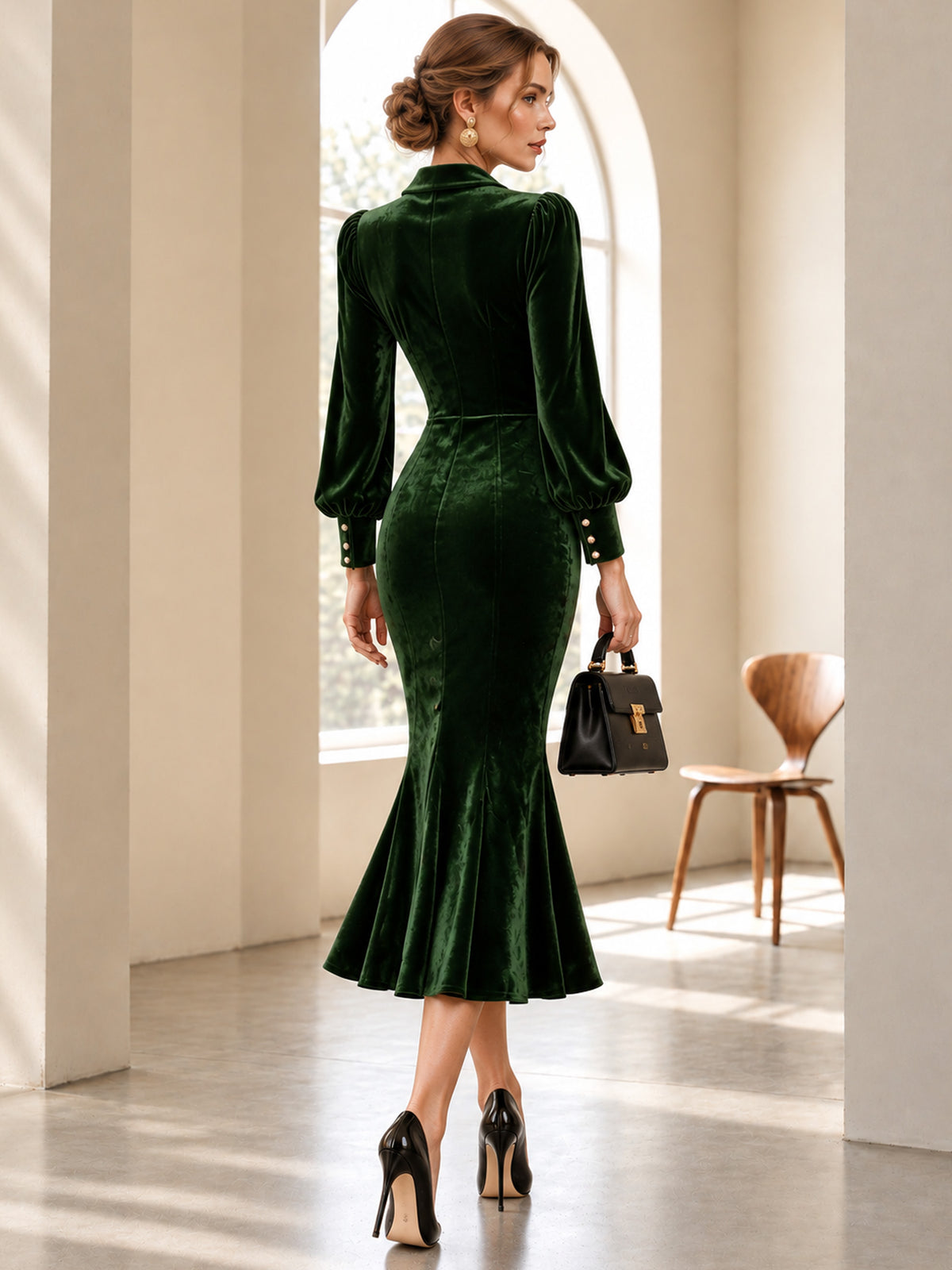 Emerald Green Velvet V-Neck Pearl Button Mermaid Dress