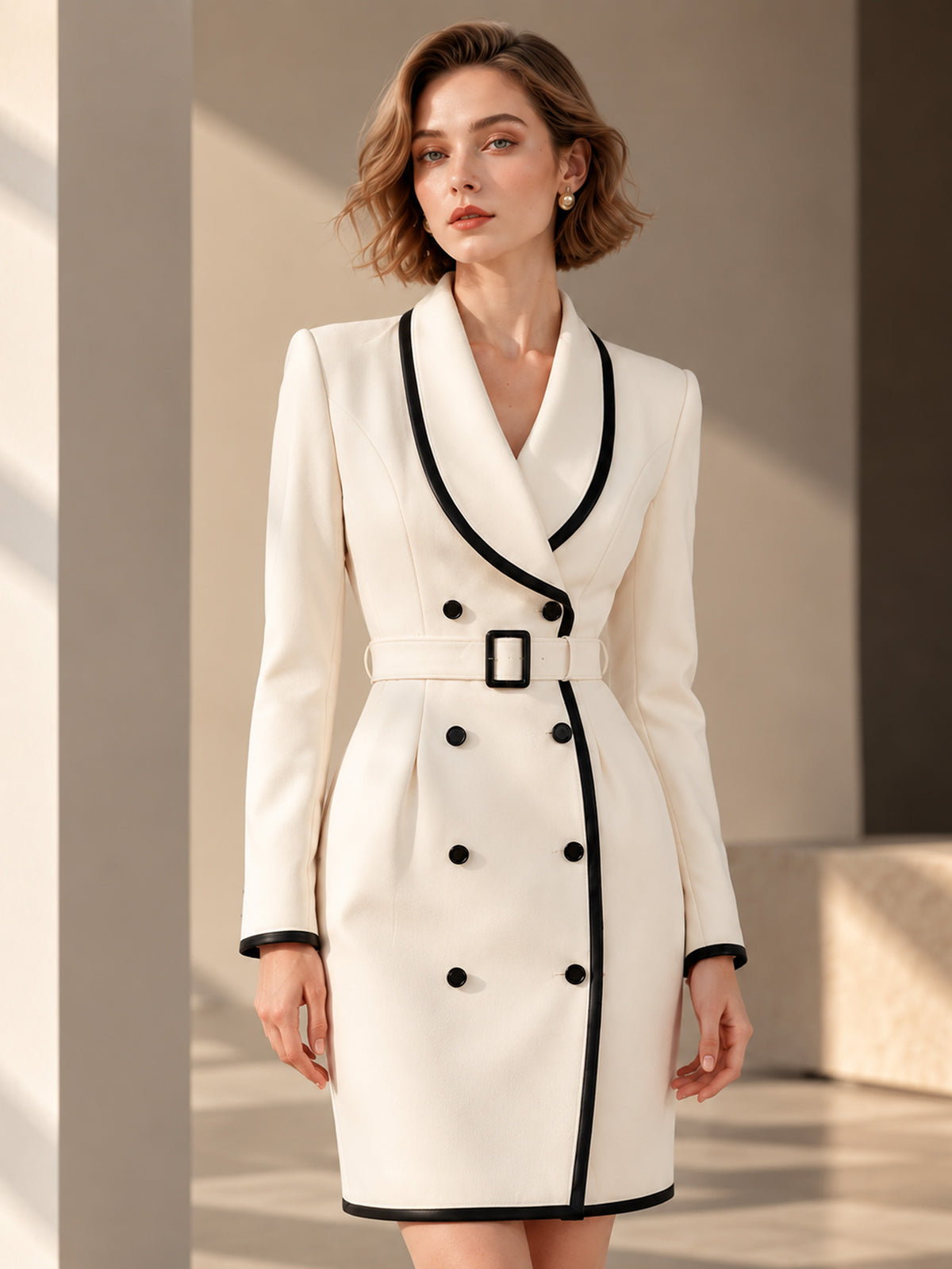 Cream Black Piping Shawl Lapel Double Breasted Belted Blazer Mini Dress