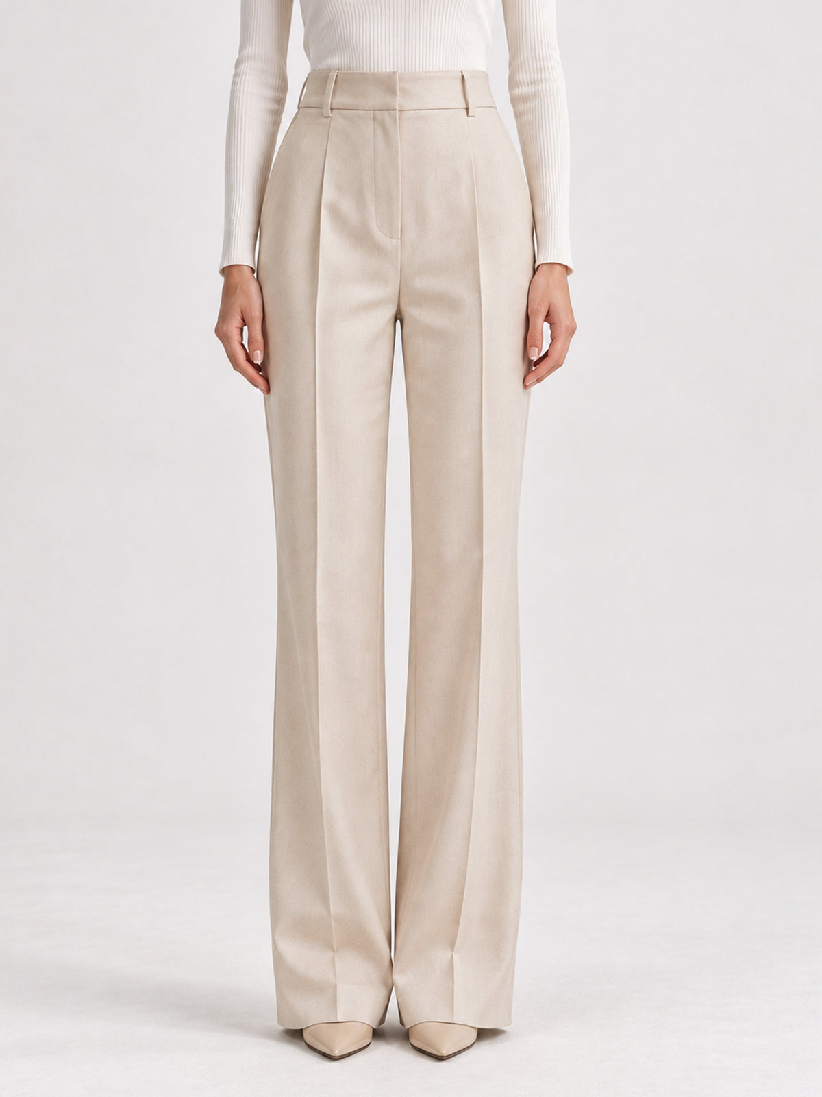 Beige Linen V-Neck Collarless Blazer & Wide Leg Trousers 2-Piece Suit