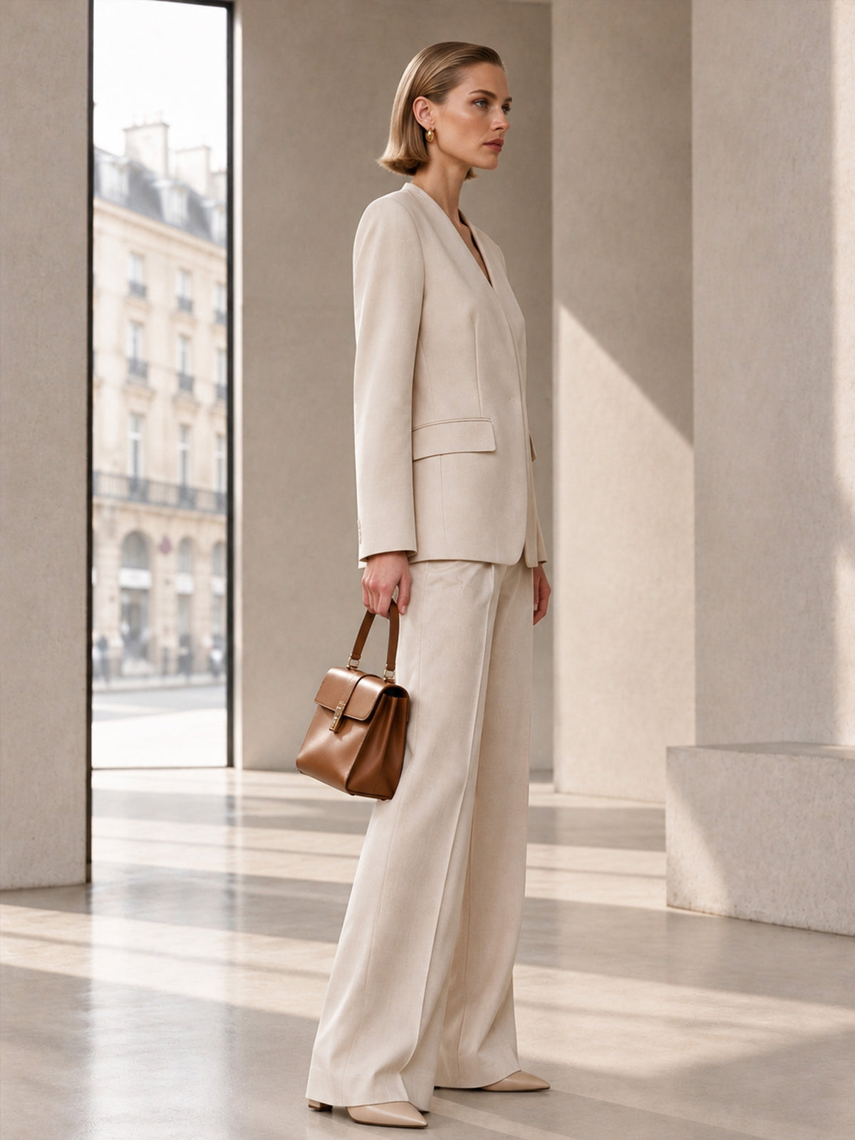 Beige Linen V-Neck Collarless Blazer & Wide Leg Trousers 2-Piece Suit