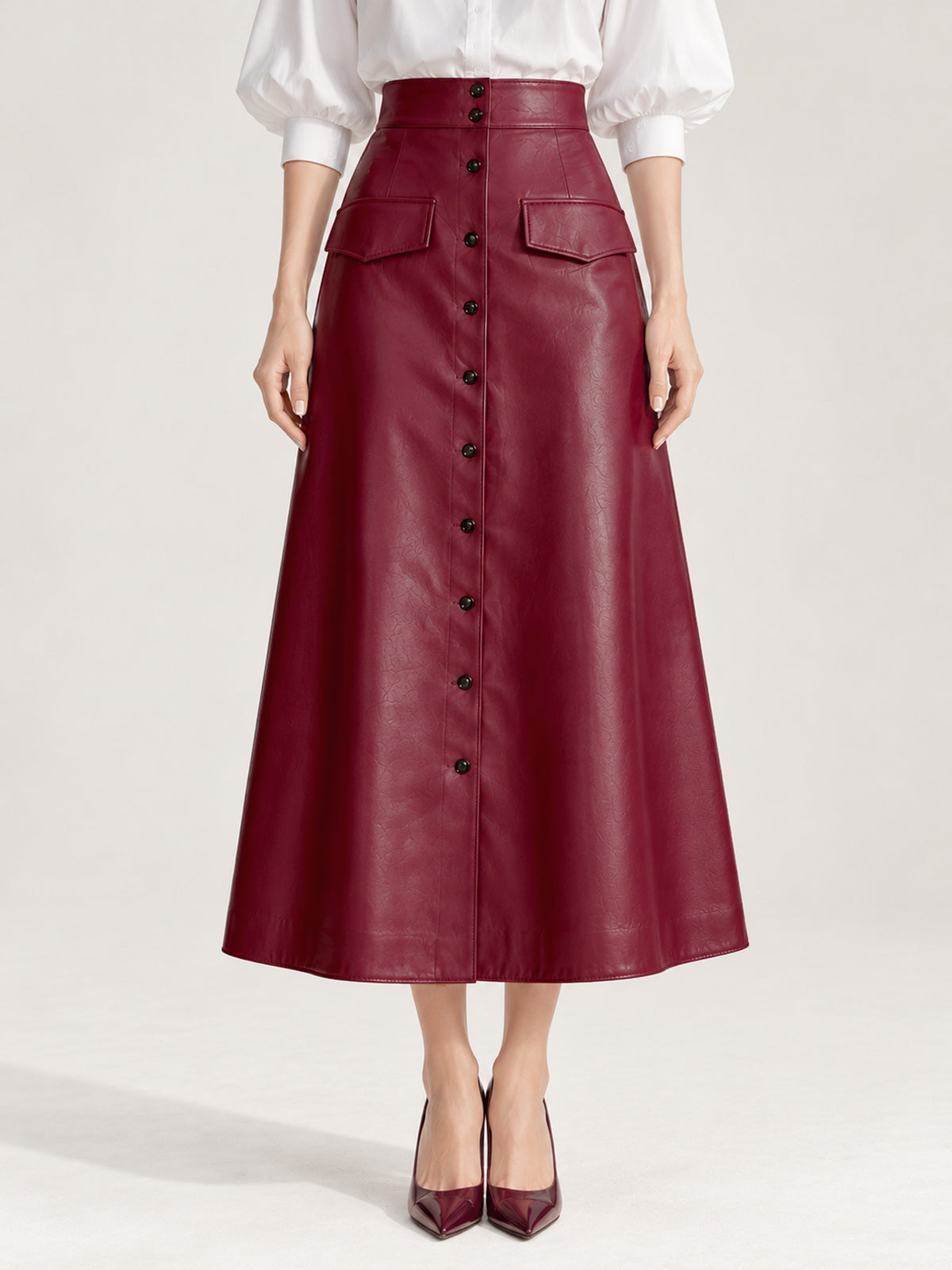 Wine Red Vegan Leather Button Front Flap Pocket Midi Skirt
