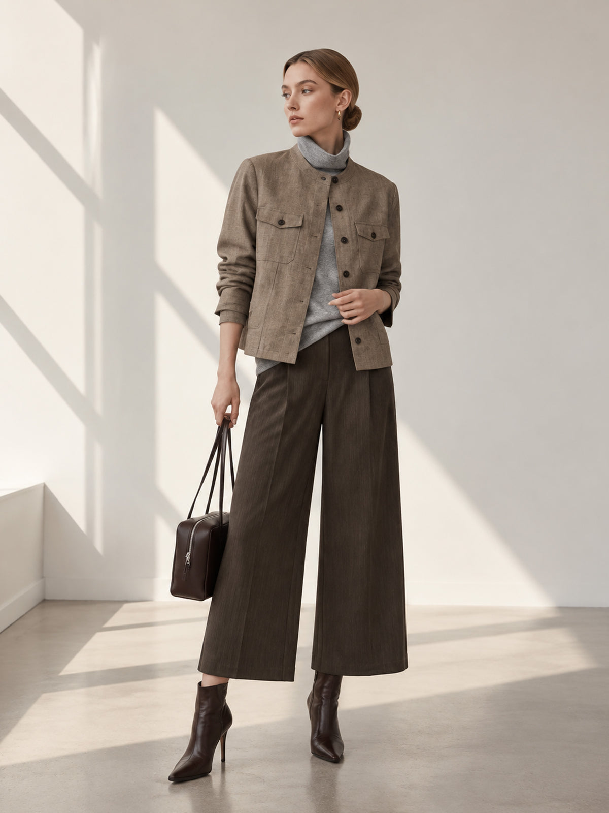 Khaki Stand Collar Belted Safari Jacket