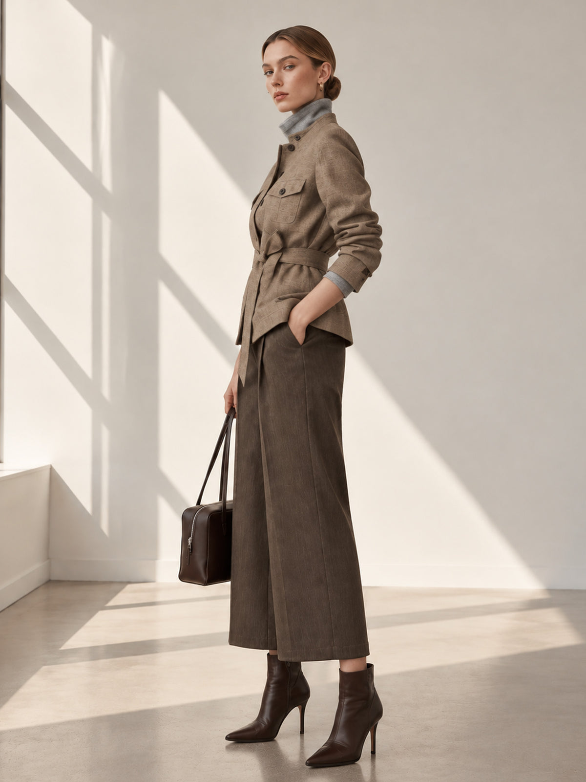 Khaki Stand Collar Belted Safari Jacket