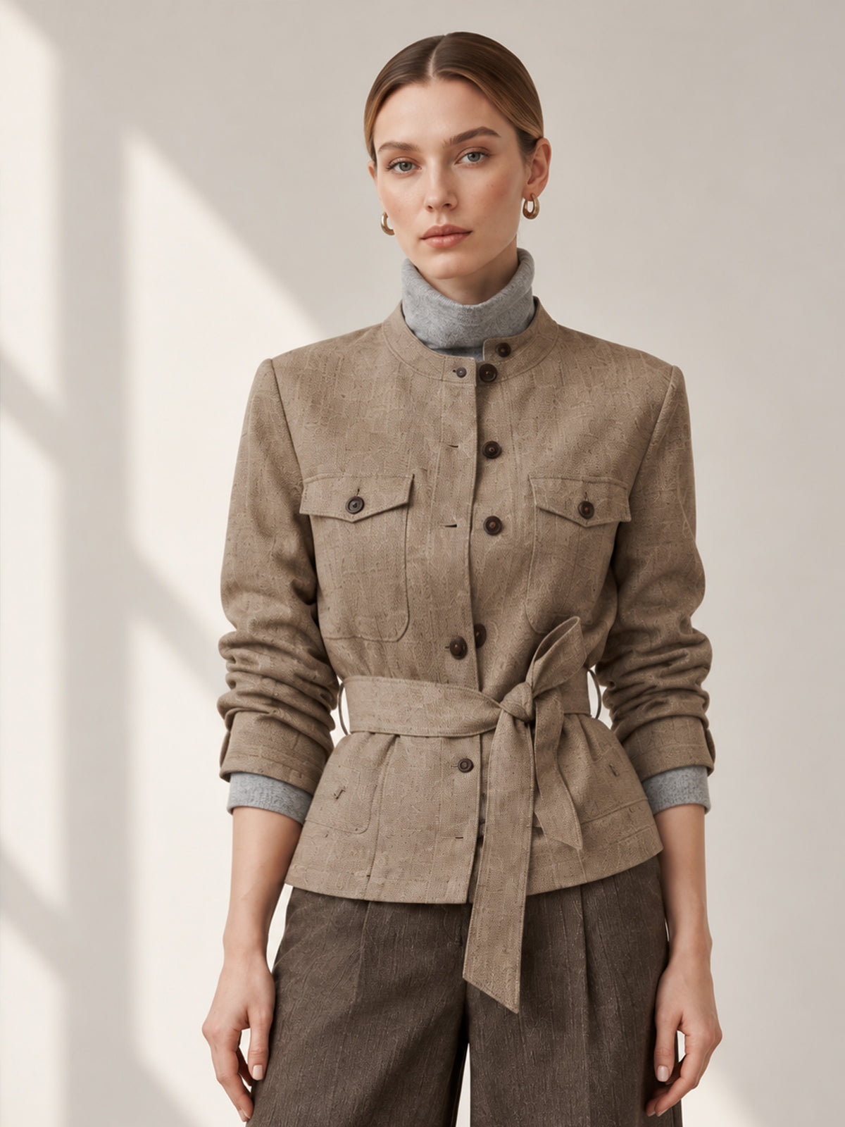 Khaki Stand Collar Belted Safari Jacket