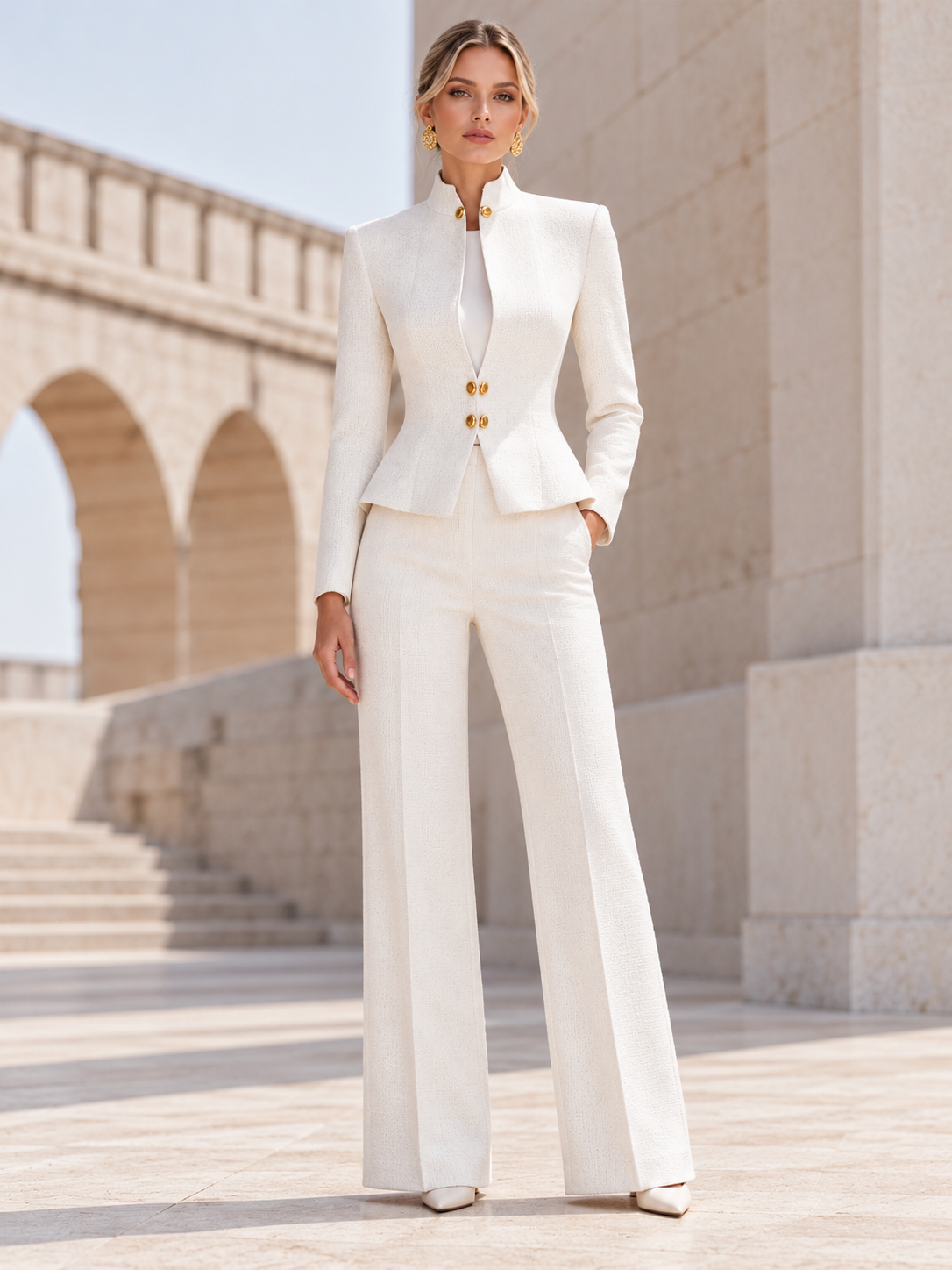 White Stand Up Collar Blazers