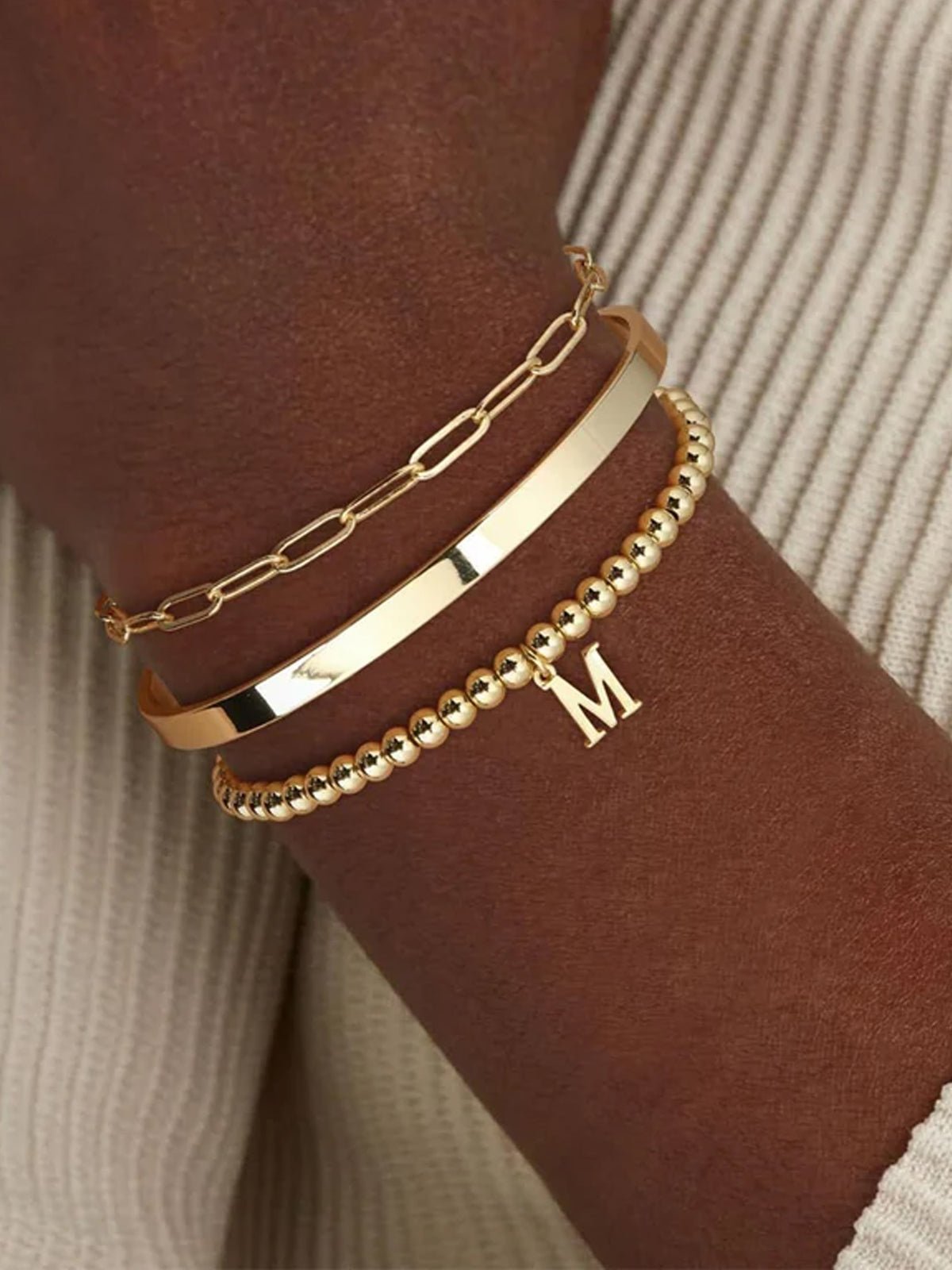 Stackable Beaded Letter Pendant Bracelet 3-Piece Set