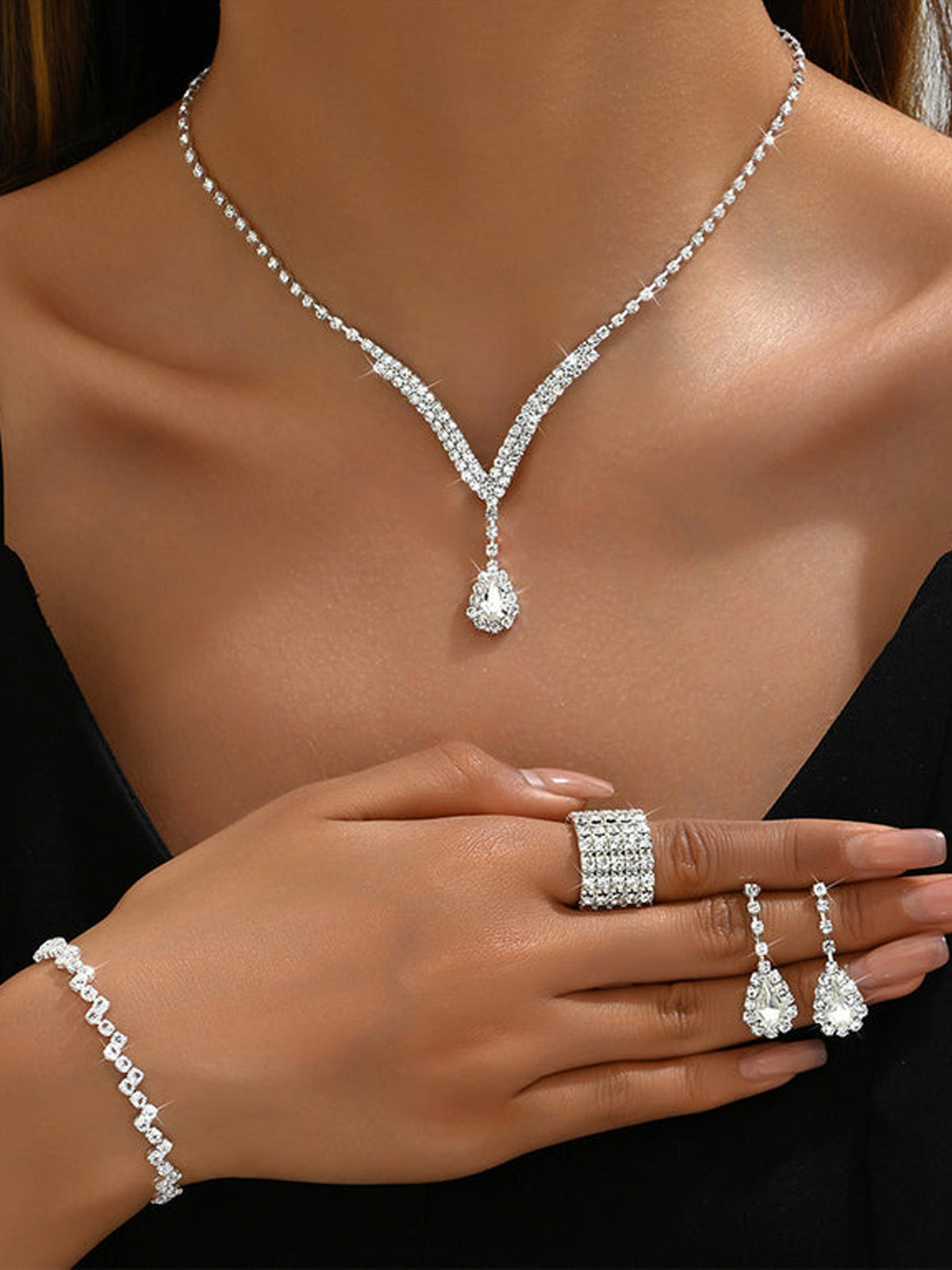 Water Droplet Necklace Earrings Bracelet And Ring 4-piece Set