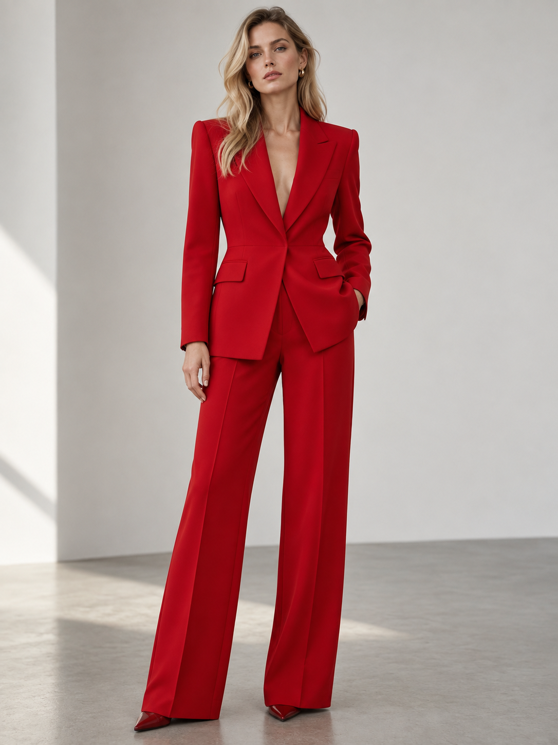 Red Peak Lapel Blazer And Wide Leg Flared Pants 2-Piece Suit