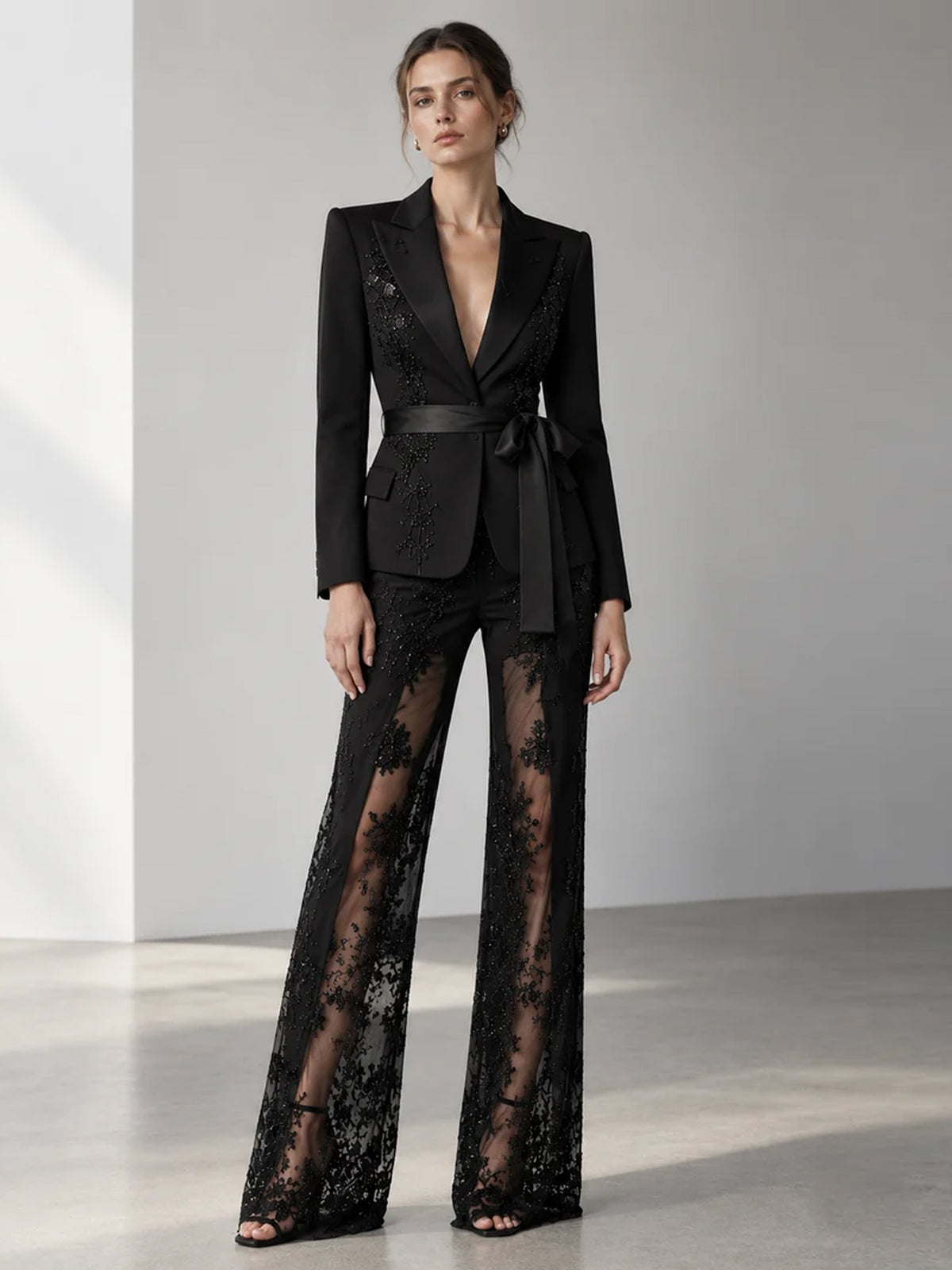 Black Peak Lapel Lace Mesh Blazer And Wide Leg Flared Pants  2-Piece Suit