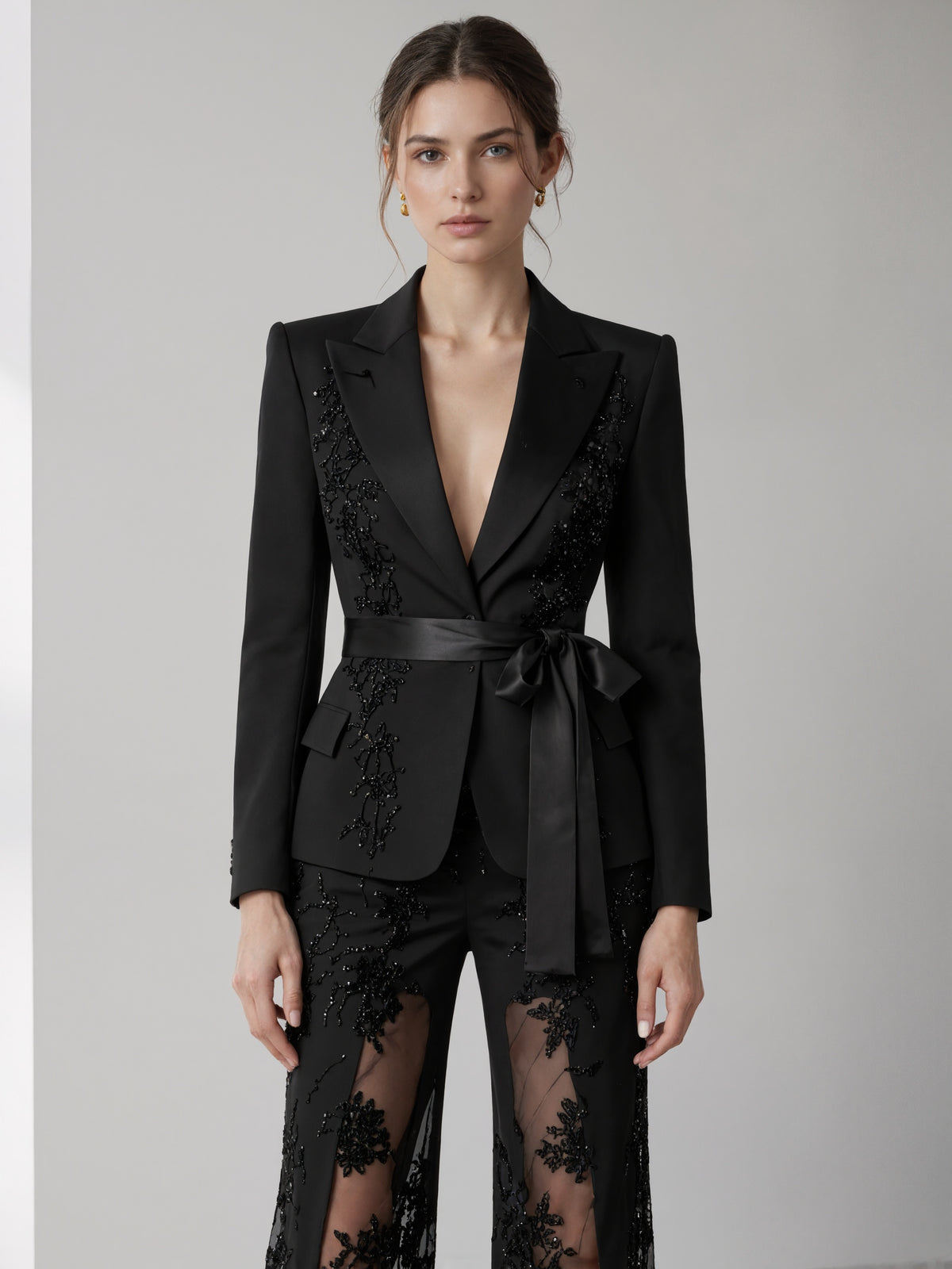Black Peak Lapel Lace Mesh Blazer And Wide Leg Flared Pants  2-Piece Suit