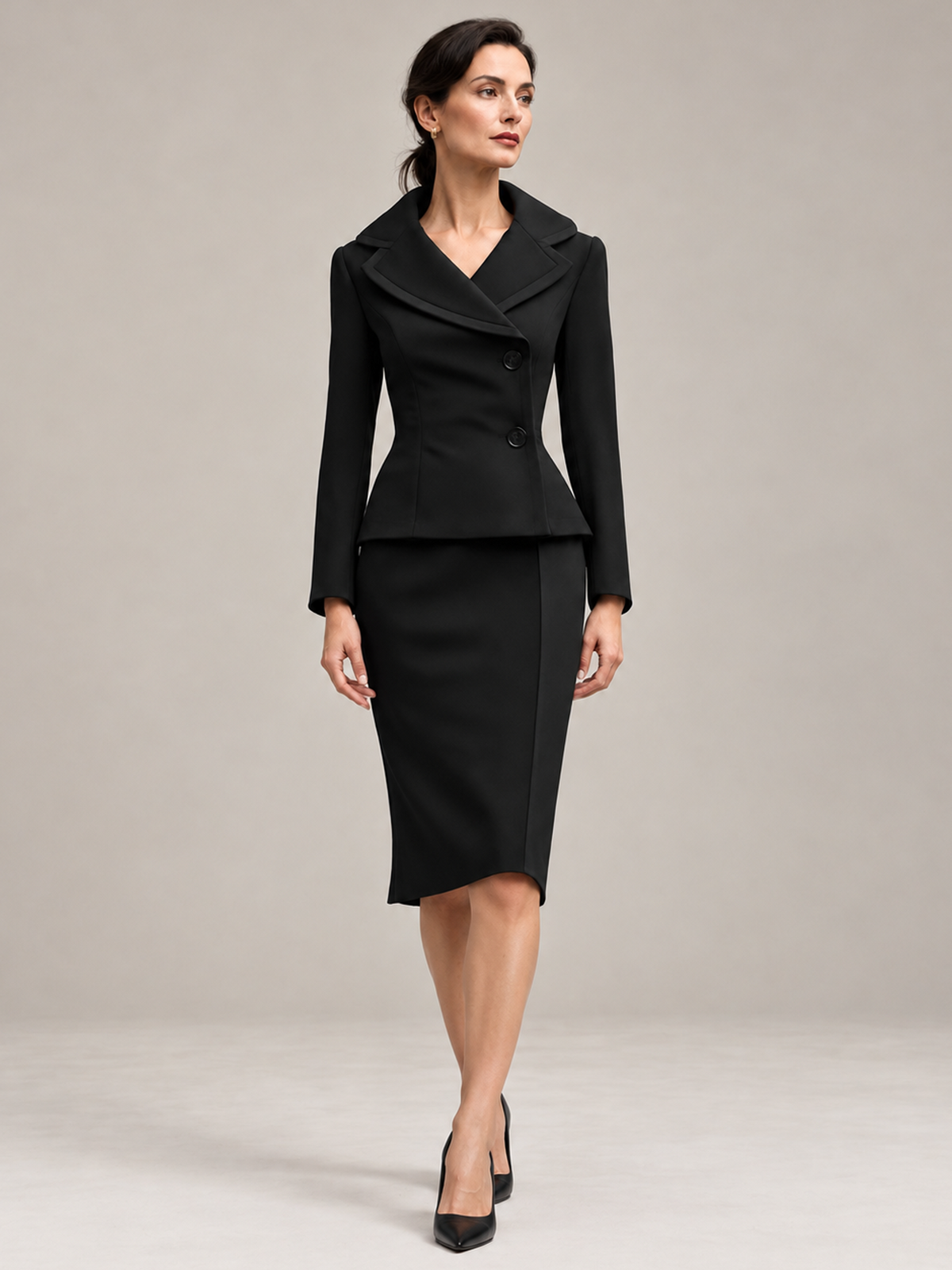 Black Double Breasted Blazer And High Waist Midi Pencil Skirt 2-Piece Suit