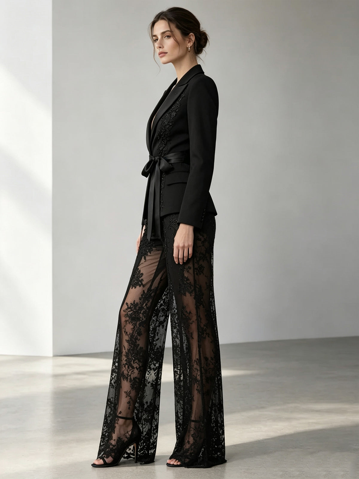 Black Peak Lapel Lace Mesh Blazer And Wide Leg Flared Pants  2-Piece Suit