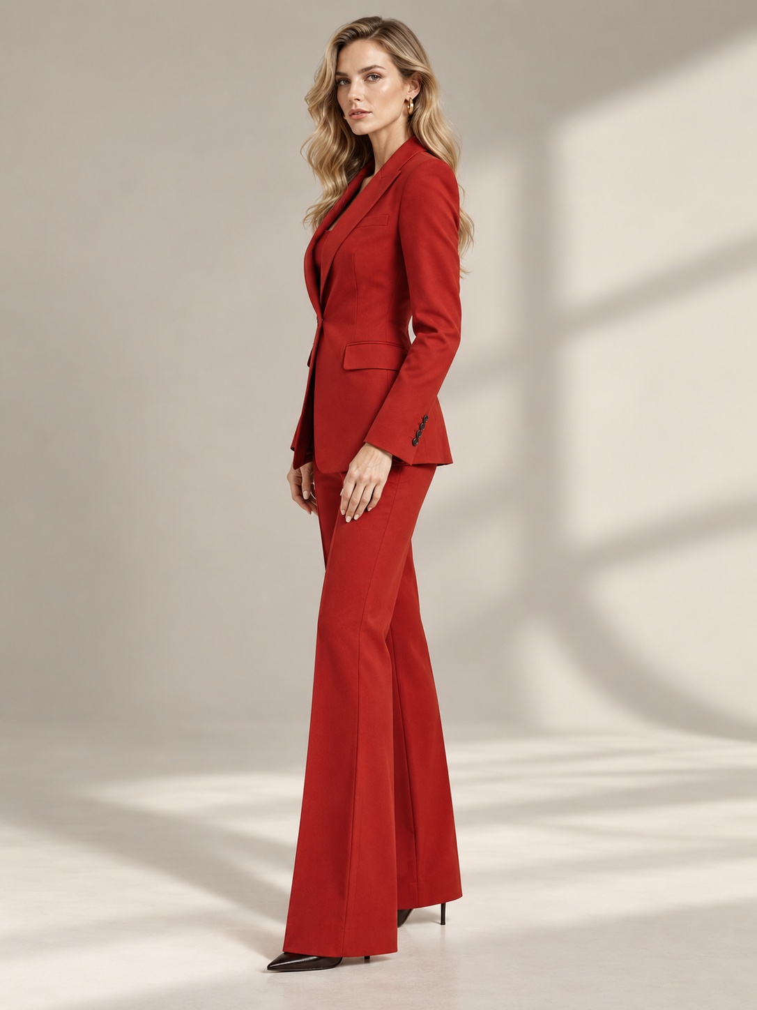 Red Peak Lapel Single Breasted Blazer Paired With Wide Leg Pants 2-Piece Suit